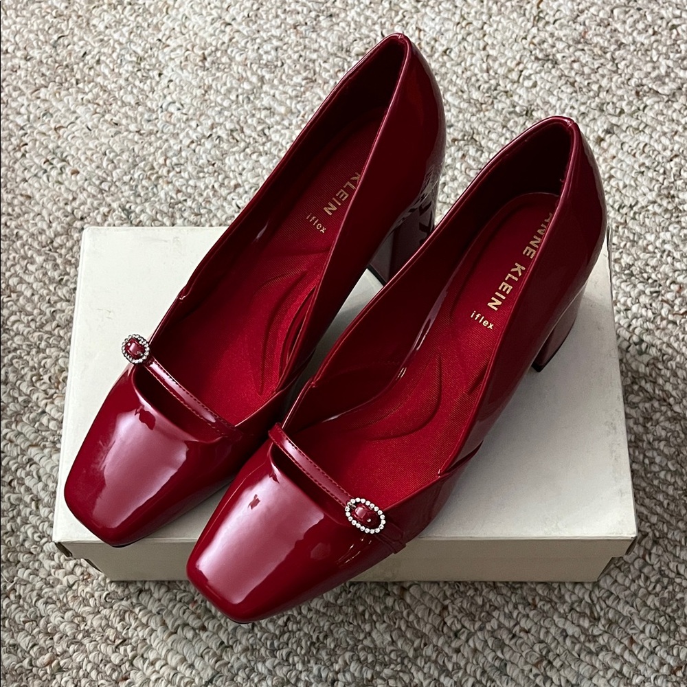 Anne Klein Red Patent Leather Block Heel Pumps